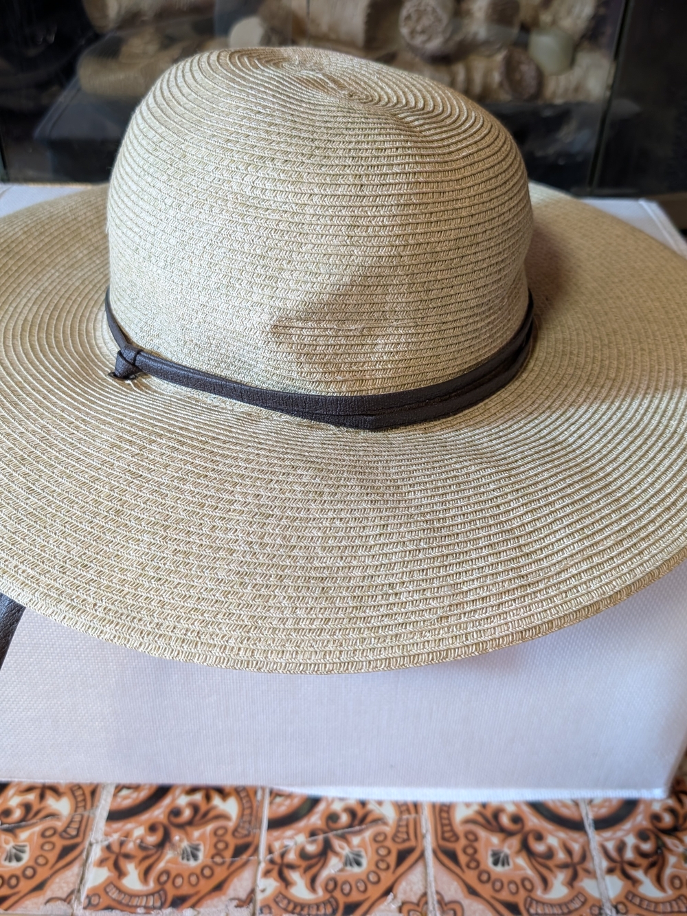 Wide Brim Straw Sun Hat with Brown Band - Neutral